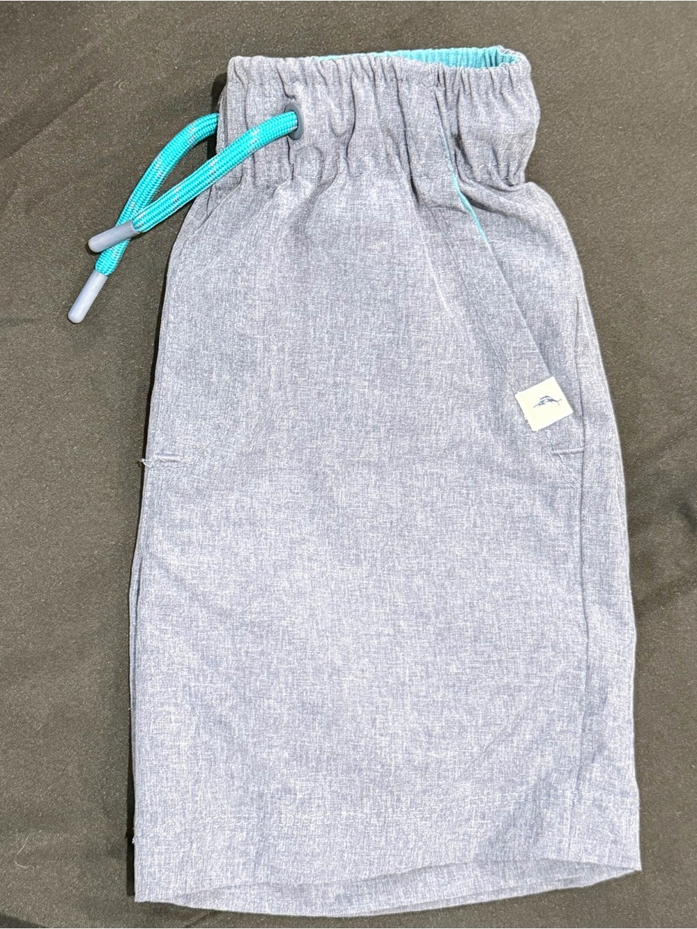 Tommy Bahama Kids Active Shorts in Heathered Gray-Blue with Aqua Drawstring